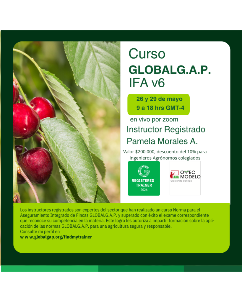 El Colegio de Ingenieros Agrónomos de Chile invita a participar en cursos especializados sobre GLOBALG.A.P., Ley FSMA y Contraparte SAG, enfocados en inocuidad, certificación y exportación agrícola.
